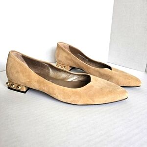 AGL Suede Block Heel Flats Beige Nude Gold Stud Heel Size 38 US 8 Quiet Luxury